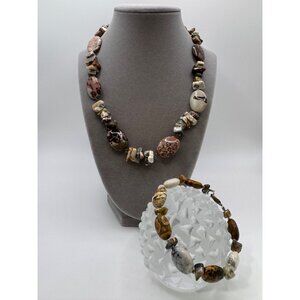 Picture Jasper Leopard Skin Agate Stone Necklace Bracelet Set 18” 7.25”